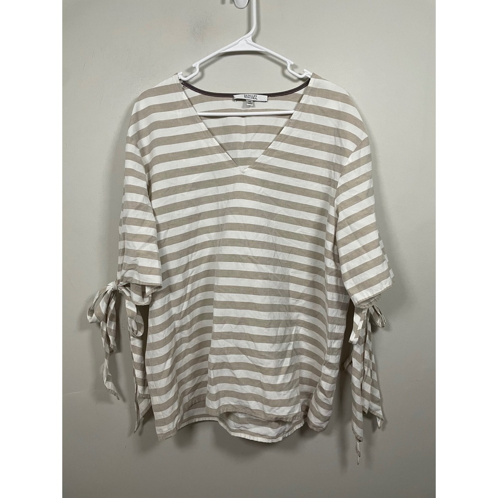 Badgley Mischka Striped Linen Blend Striped Tie Sleeve Top Size 16 Coastal Beach